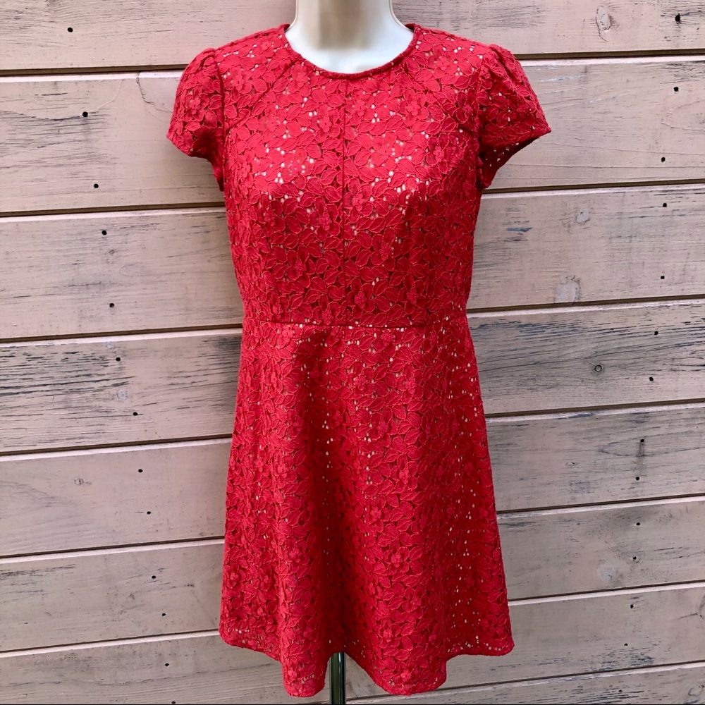 NWT LOFT Coral/Red Lace Cutout Sheath A Line 00